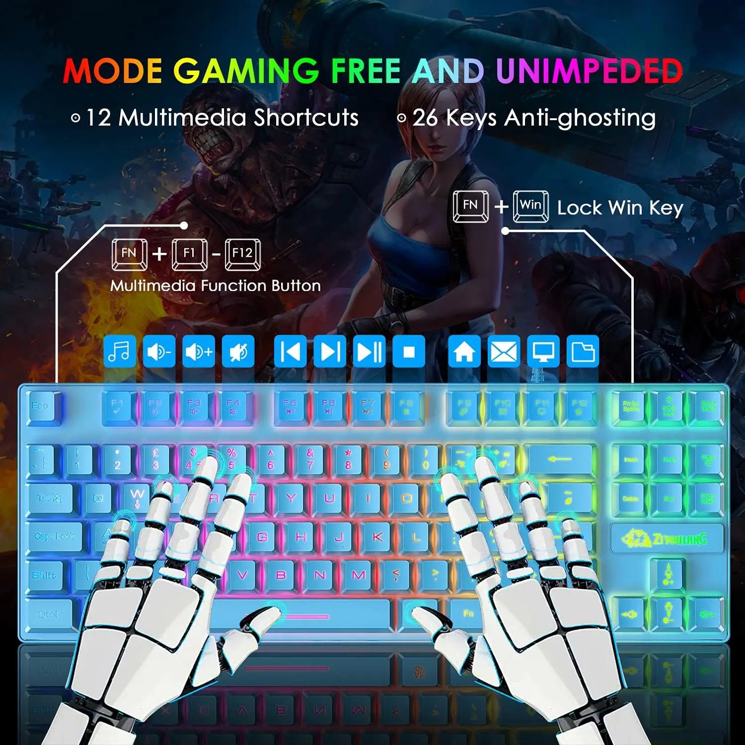 Gaming Keyboard and Mouse Combo,88 Keys Compact Rainbow Backlit Keyboard,RGB Backlit 6400 DPI Lightweight Honeycomb Shell Mouse