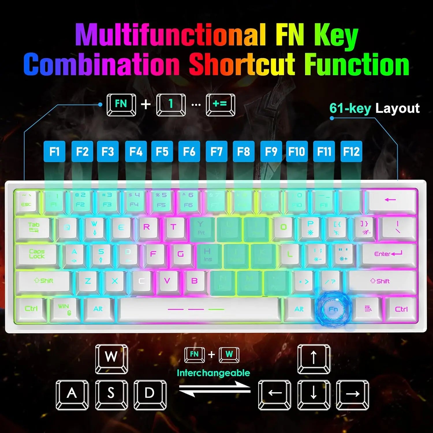 T61 Wireless Gaming Keyboard and Mouse Combo, Ergonomic 61 Key Rainbow LED Backlight Rechargeable 4000mAh Battery Mouse Pad