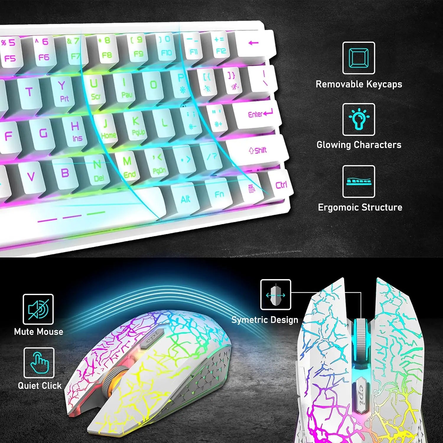 T61 Wireless Gaming Keyboard and Mouse Combo, Ergonomic 61 Key Rainbow LED Backlight Rechargeable 4000mAh Battery Mouse Pad