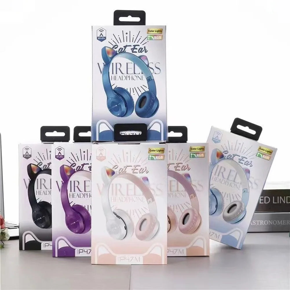 Wireless Headphones Cat Ear Bluetooth-Compatible Helmets Glow Light Over-Ear Headsets Cute Sports Headphones for Kids and Adult