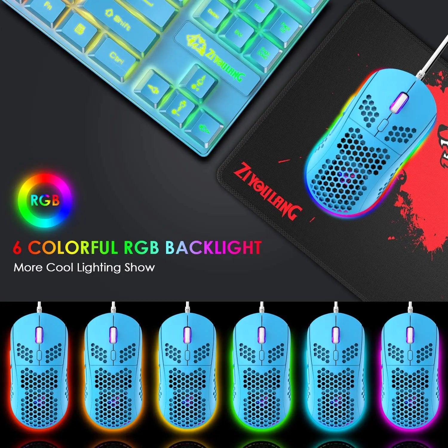 Gaming Keyboard and Mouse Combo,88 Keys Compact Rainbow Backlit Keyboard,RGB Backlit 6400 DPI Lightweight Honeycomb Shell Mouse