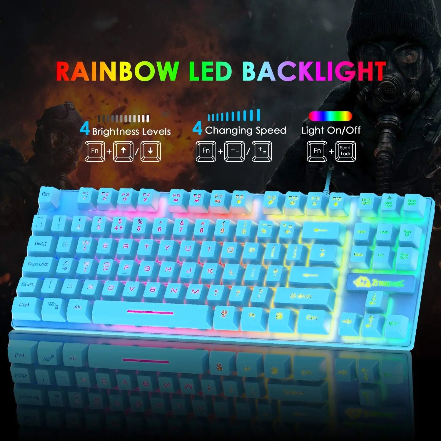 Gaming Keyboard and Mouse Combo,88 Keys Compact Rainbow Backlit Keyboard,RGB Backlit 6400 DPI Lightweight Honeycomb Shell Mouse