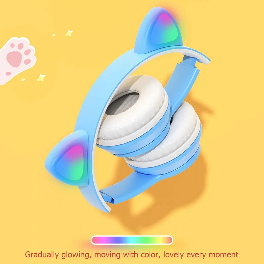 Wireless Headphones Cat Ear Bluetooth-Compatible Helmets Glow Light Over-Ear Headsets Cute Sports Headphones for Kids and Adult