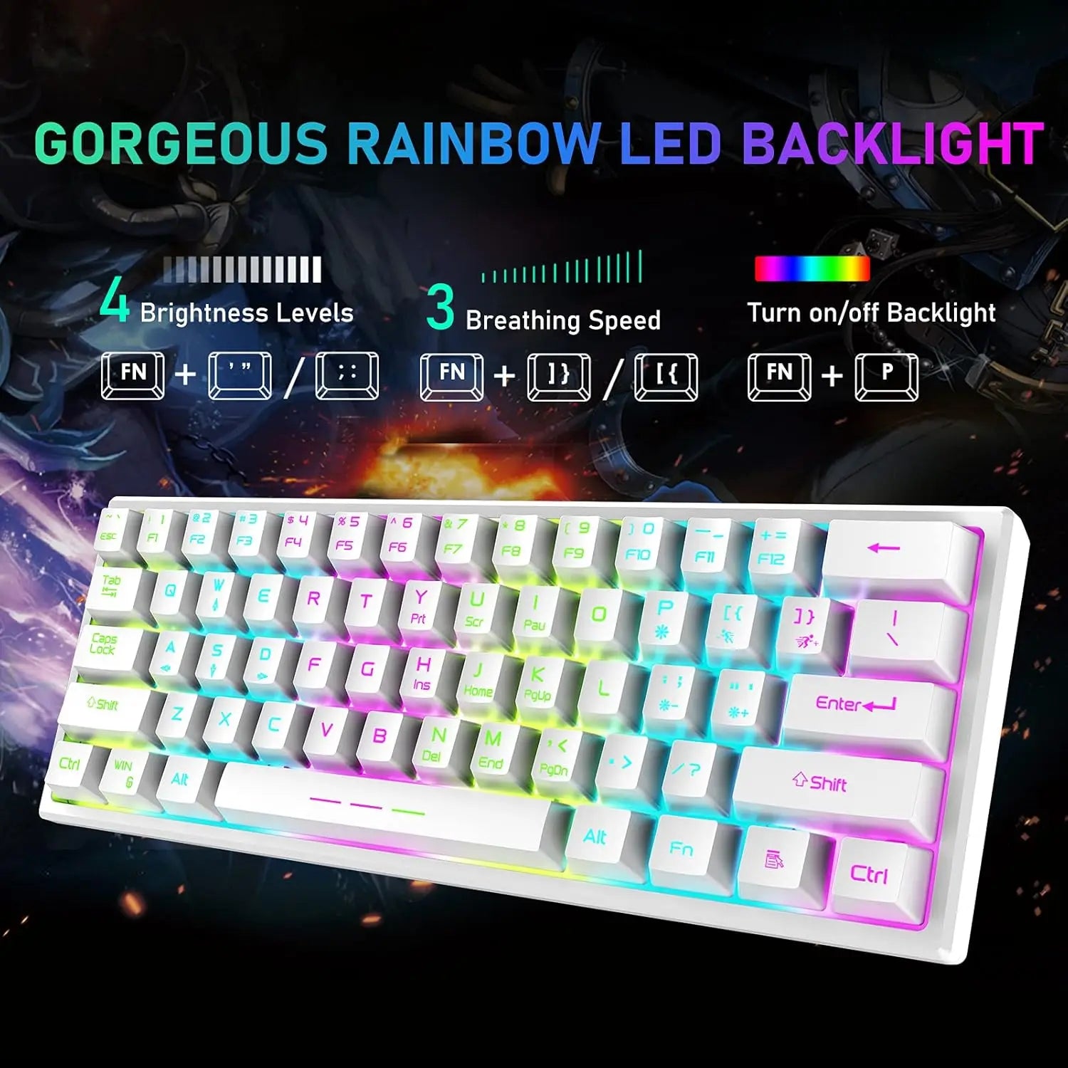 T61 Wireless Gaming Keyboard and Mouse Combo, Ergonomic 61 Key Rainbow LED Backlight Rechargeable 4000mAh Battery Mouse Pad