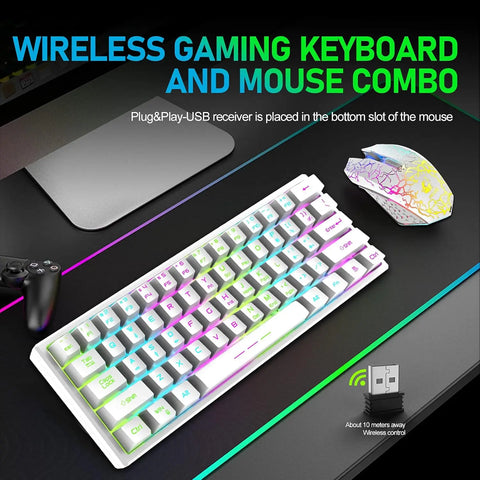T61 Wireless Gaming Keyboard and Mouse Combo, Ergonomic 61 Key Rainbow LED Backlight Rechargeable 4000mAh Battery Mouse Pad