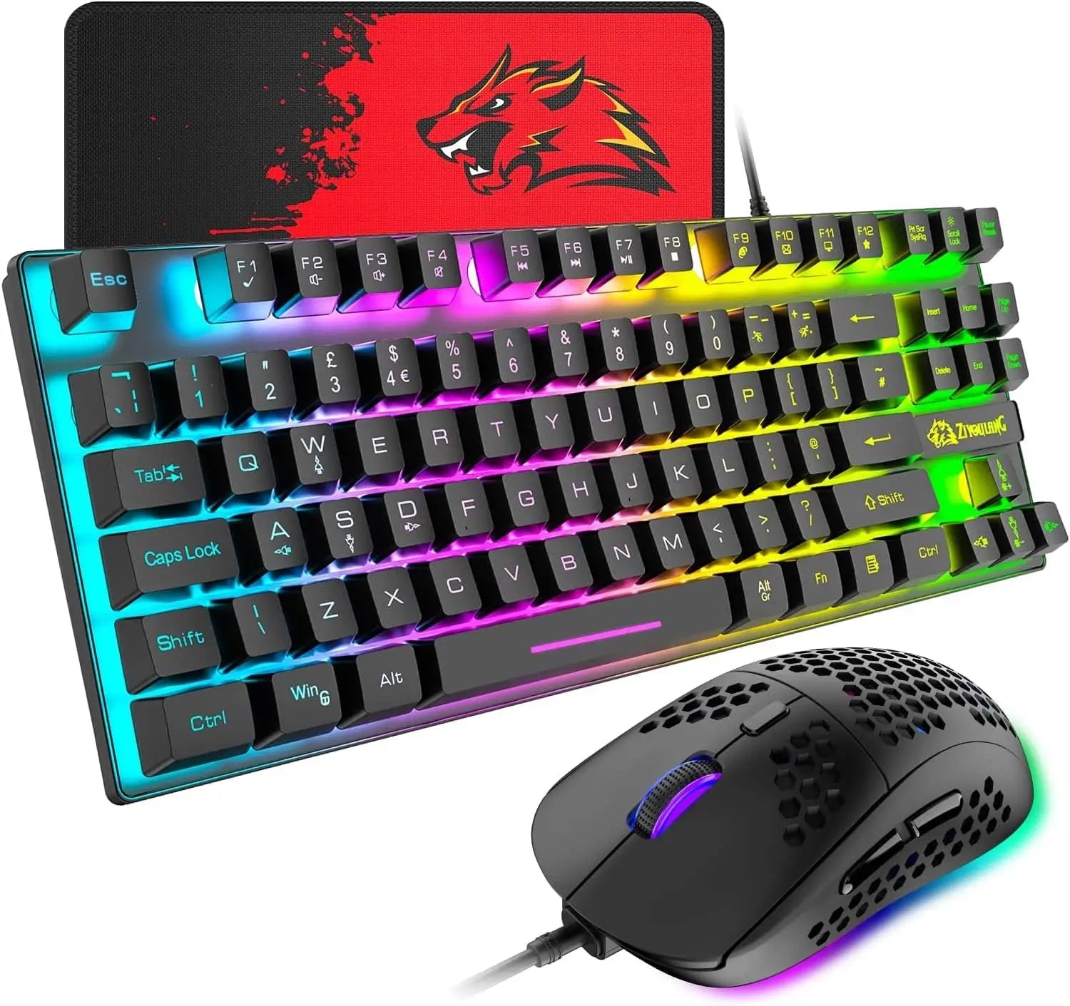 Gaming Keyboard and Mouse Combo,88 Keys Compact Rainbow Backlit Keyboard,RGB Backlit 6400 DPI Lightweight Honeycomb Shell Mouse