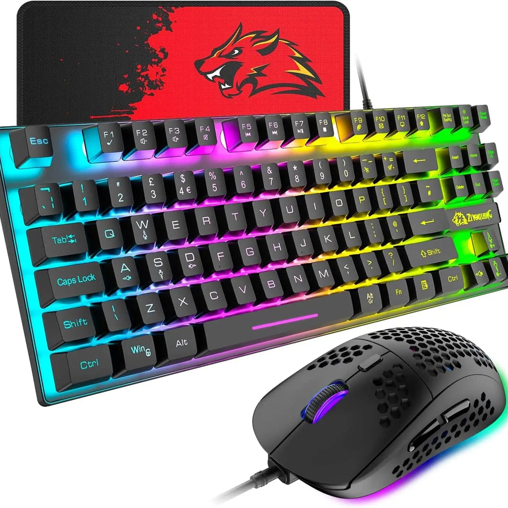 Gaming Keyboard and Mouse Combo,88 Keys Compact Rainbow Backlit Keyboard,RGB Backlit 6400 DPI Lightweight Honeycomb Shell Mouse