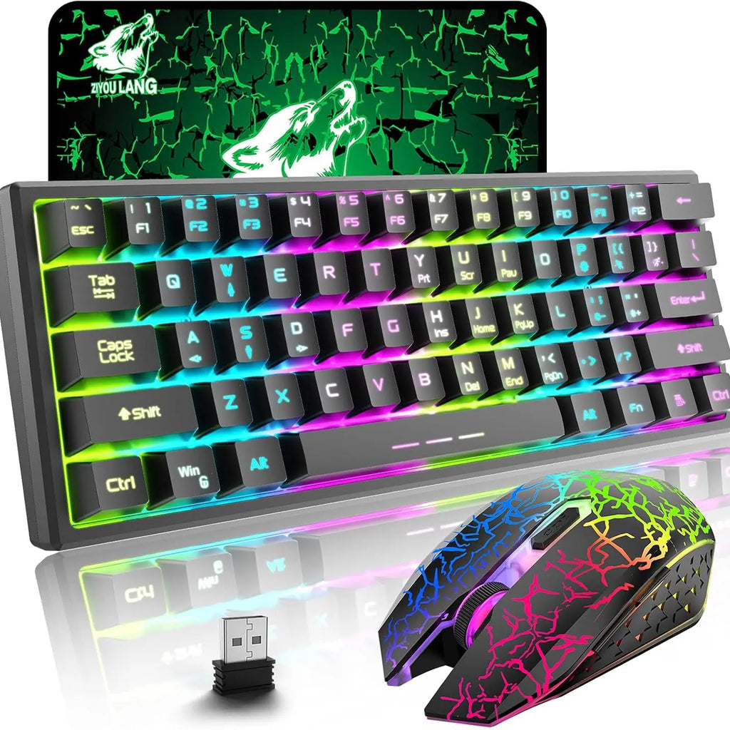 T61 Wireless Gaming Keyboard and Mouse Combo, Ergonomic 61 Key Rainbow LED Backlight Rechargeable 4000mAh Battery Mouse Pad