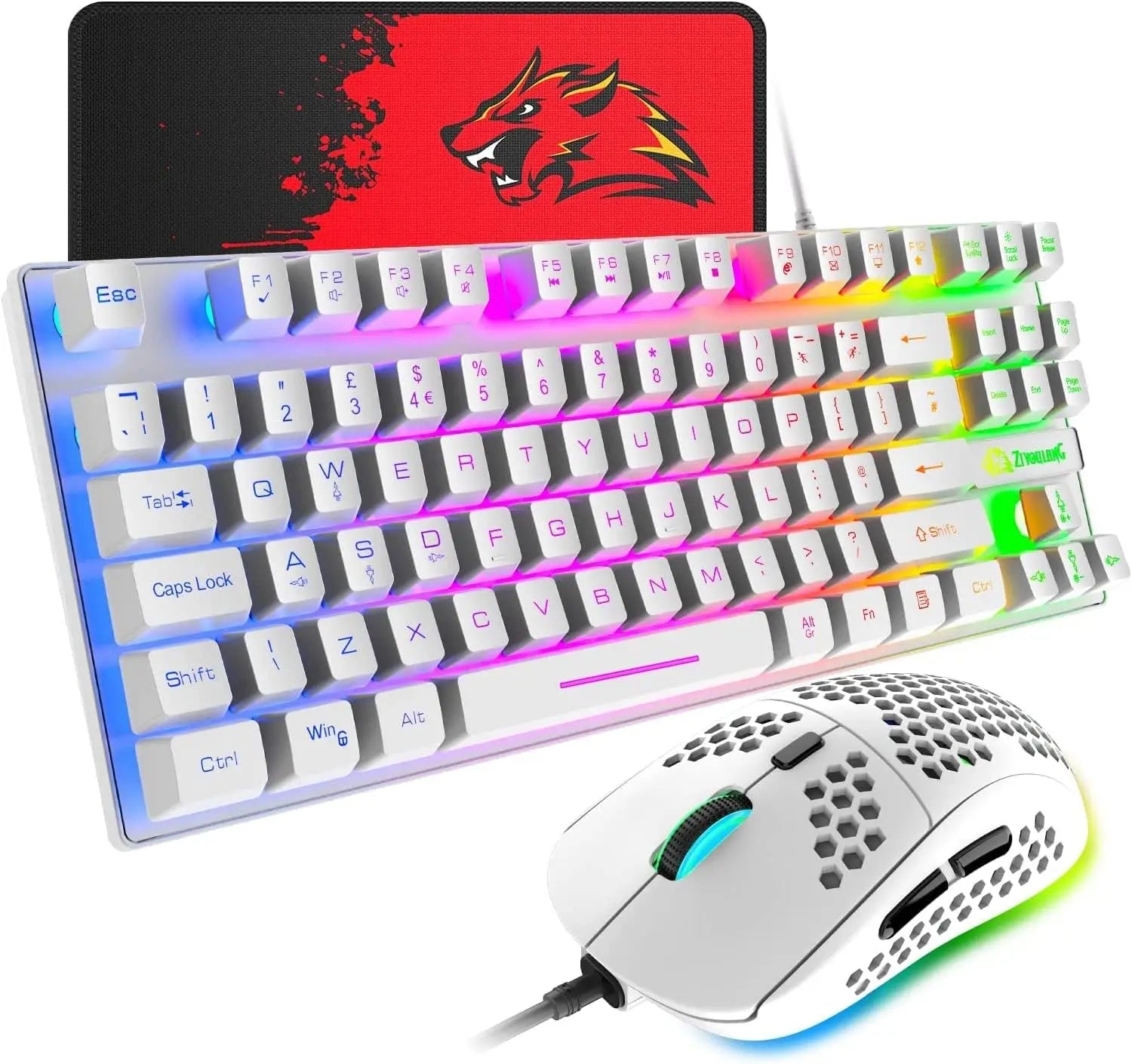 Gaming Keyboard and Mouse Combo,88 Keys Compact Rainbow Backlit Keyboard,RGB Backlit 6400 DPI Lightweight Honeycomb Shell Mouse