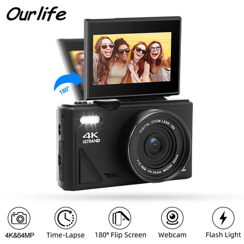 Ourlife Digital Photography Camera 4K 64MP 18X Digital Zoom Compact Camera 180° Flip Screen Vintage Video Recorder for Beginners