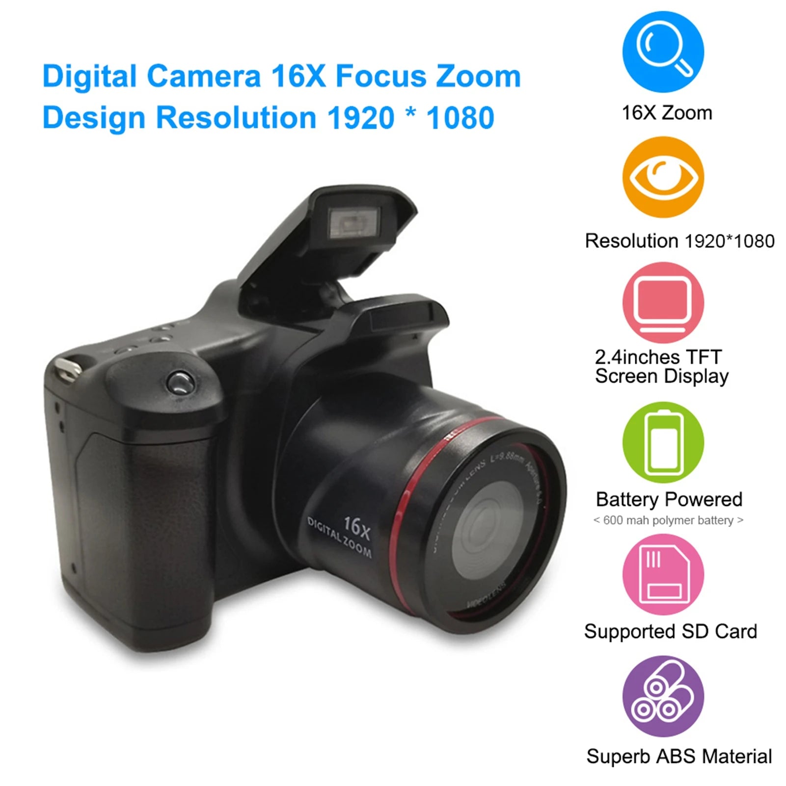Digital Camera 16X Focus Zoom Design Resolution 1920*1080 Supported Storage Card Battery Powered for Photos Taking Studio