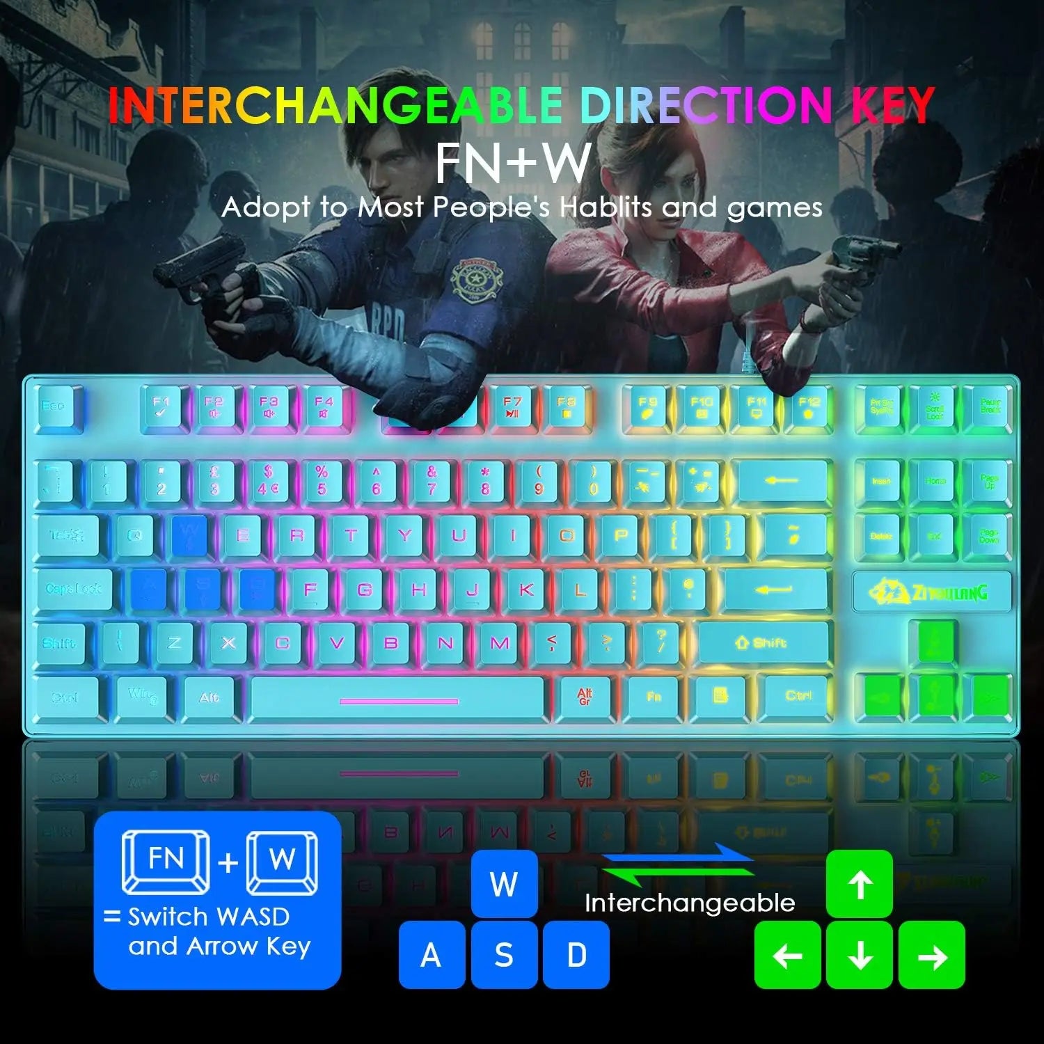 Gaming Keyboard and Mouse Combo,88 Keys Compact Rainbow Backlit Keyboard,RGB Backlit 6400 DPI Lightweight Honeycomb Shell Mouse